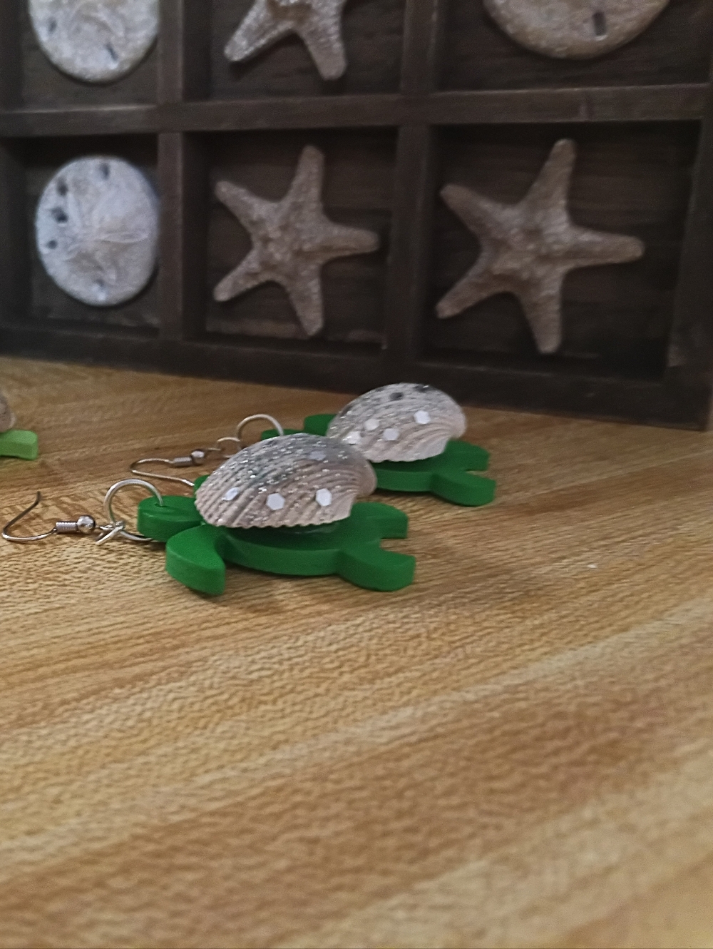 Handmade Green Sea Turtle Shell Drop Earrings - Picture 2 of 2